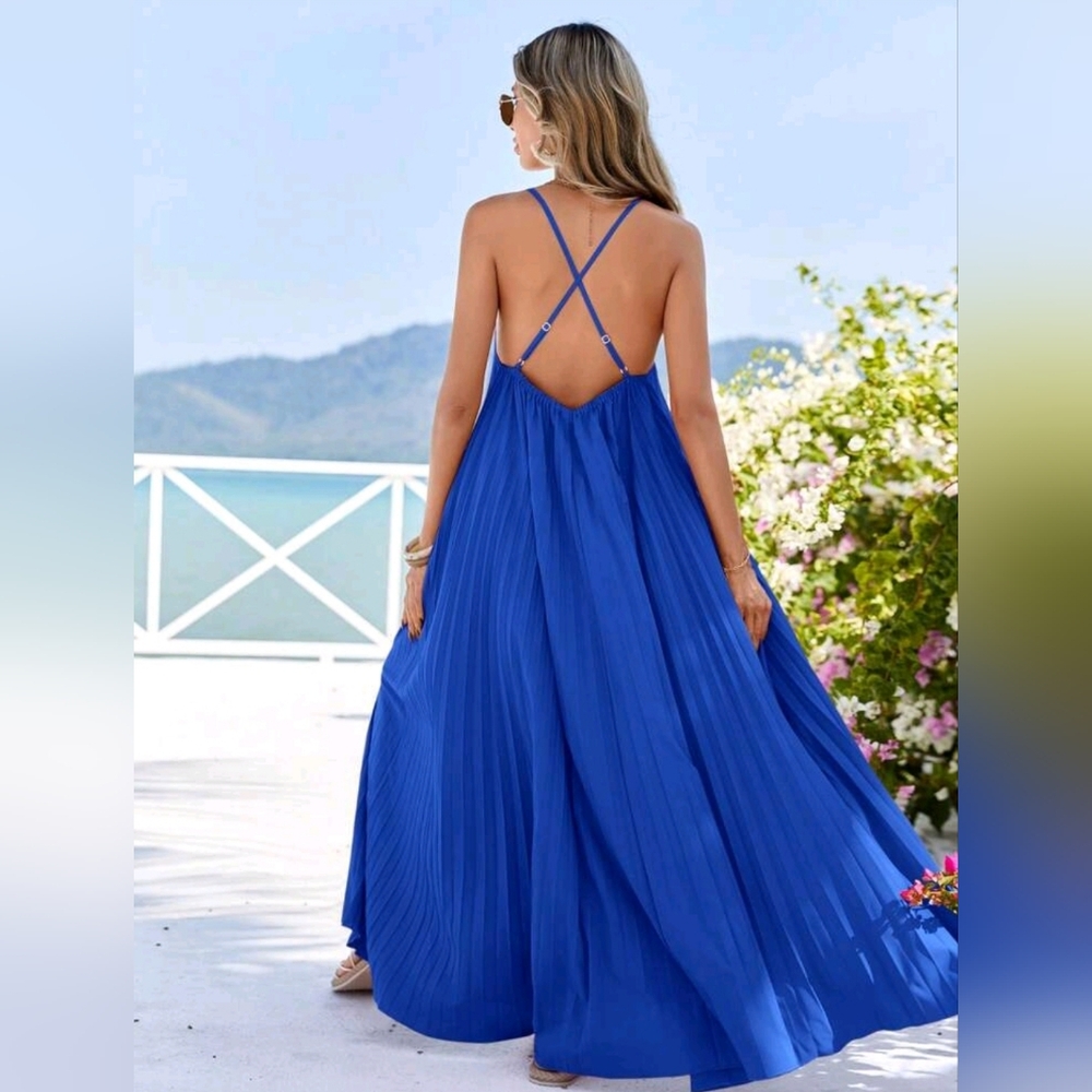 * New Flowy Pleated Maxi Halter Cami Dress Royal Blue - Picture 4 of 9